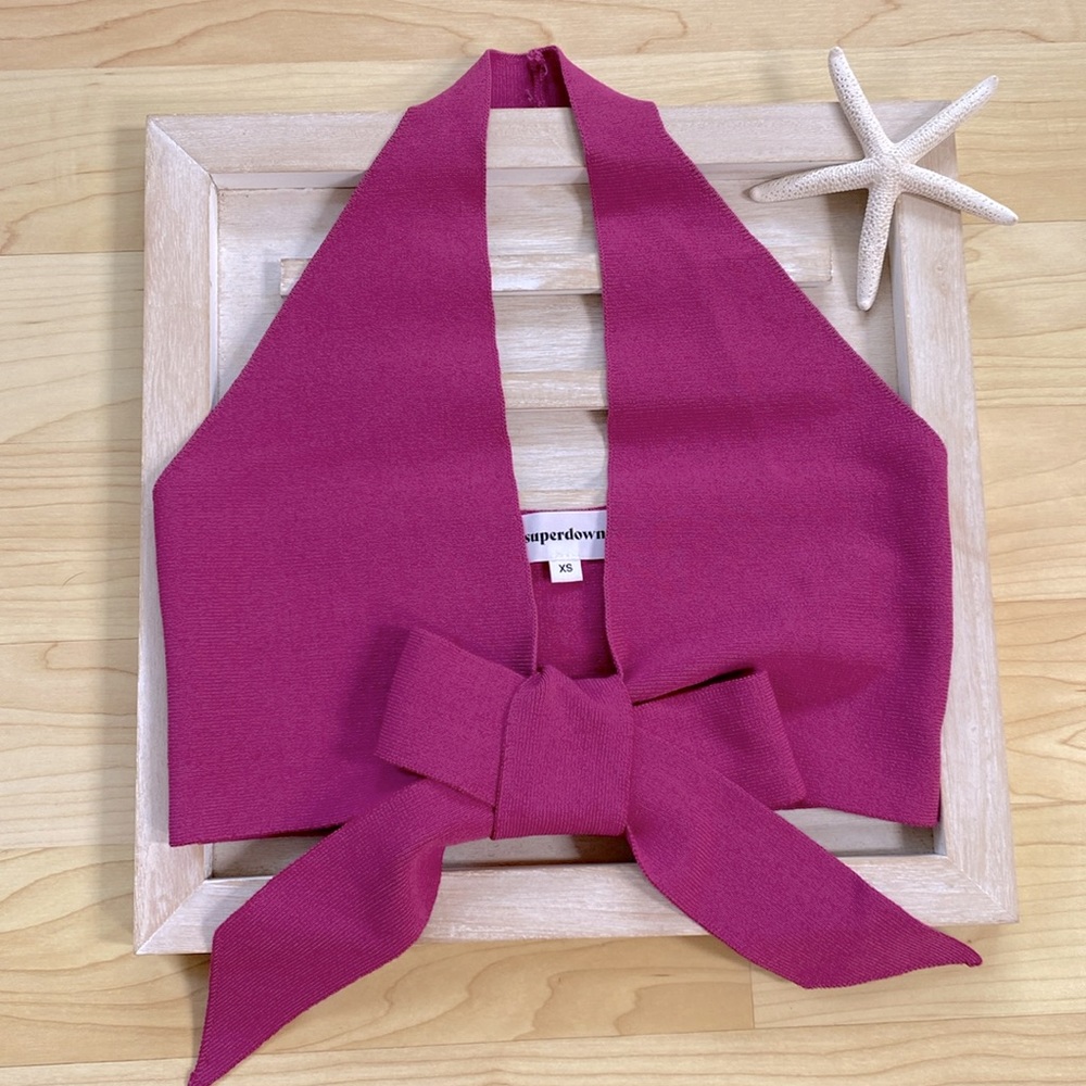 superdown Magenta Halter Crop Top with Front Bow